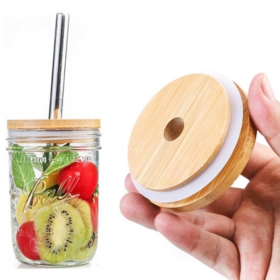 Beer Can Compatible Reusable Lids Bamboo Jar Lid With Straw Hole